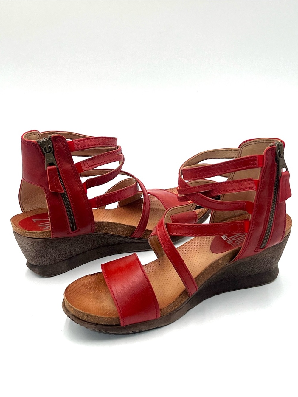 Miz Mooz Shay Red Leather Gladiator Cork Wedge Sandals Cushioned Comfort Size 8